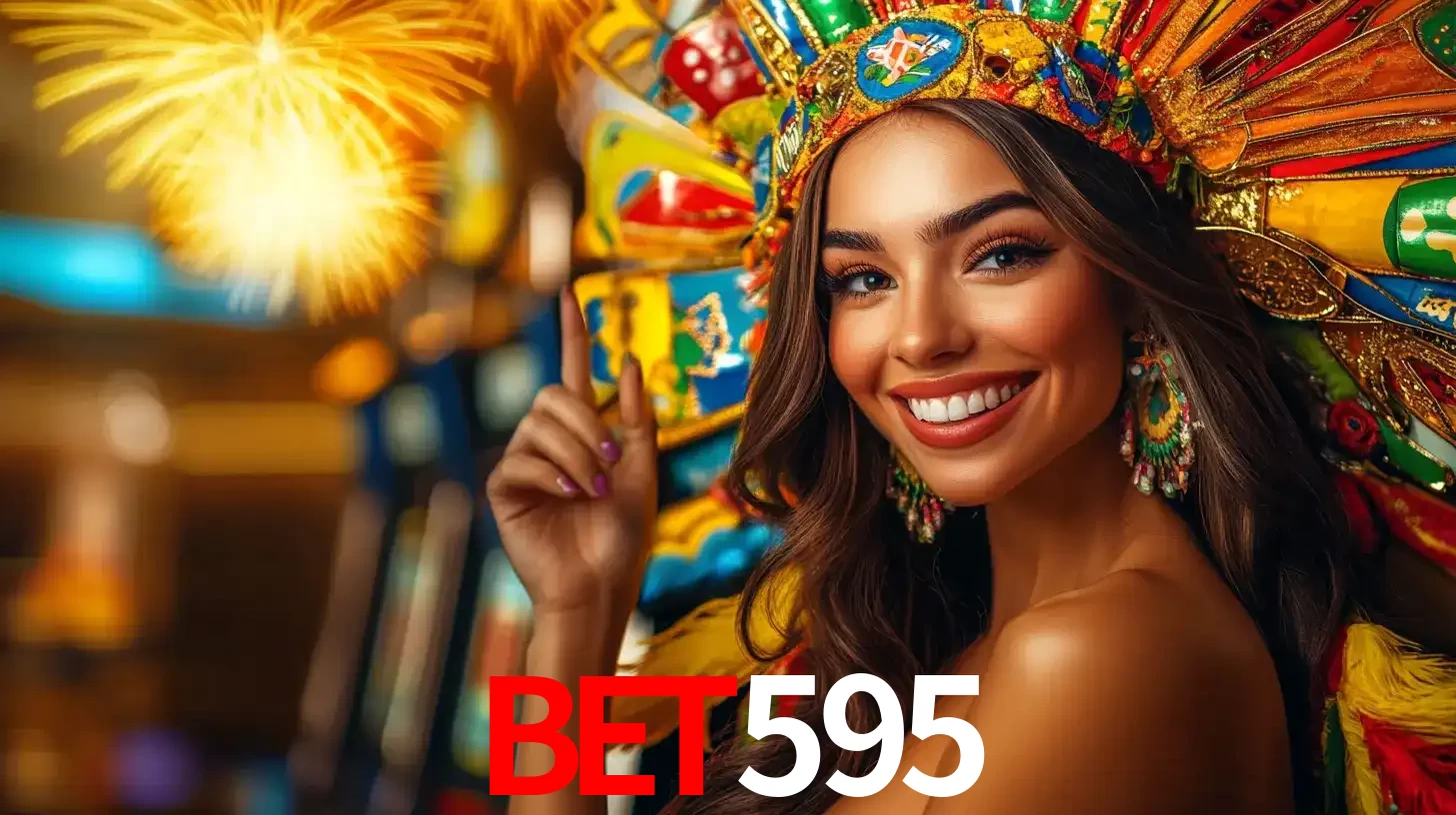 Mulher sorridente com um cocar de carnaval vibrante e colorido, celebrando uma grande vitória nos jogos do cassino bet595 com fogos de artifício ao fundo.