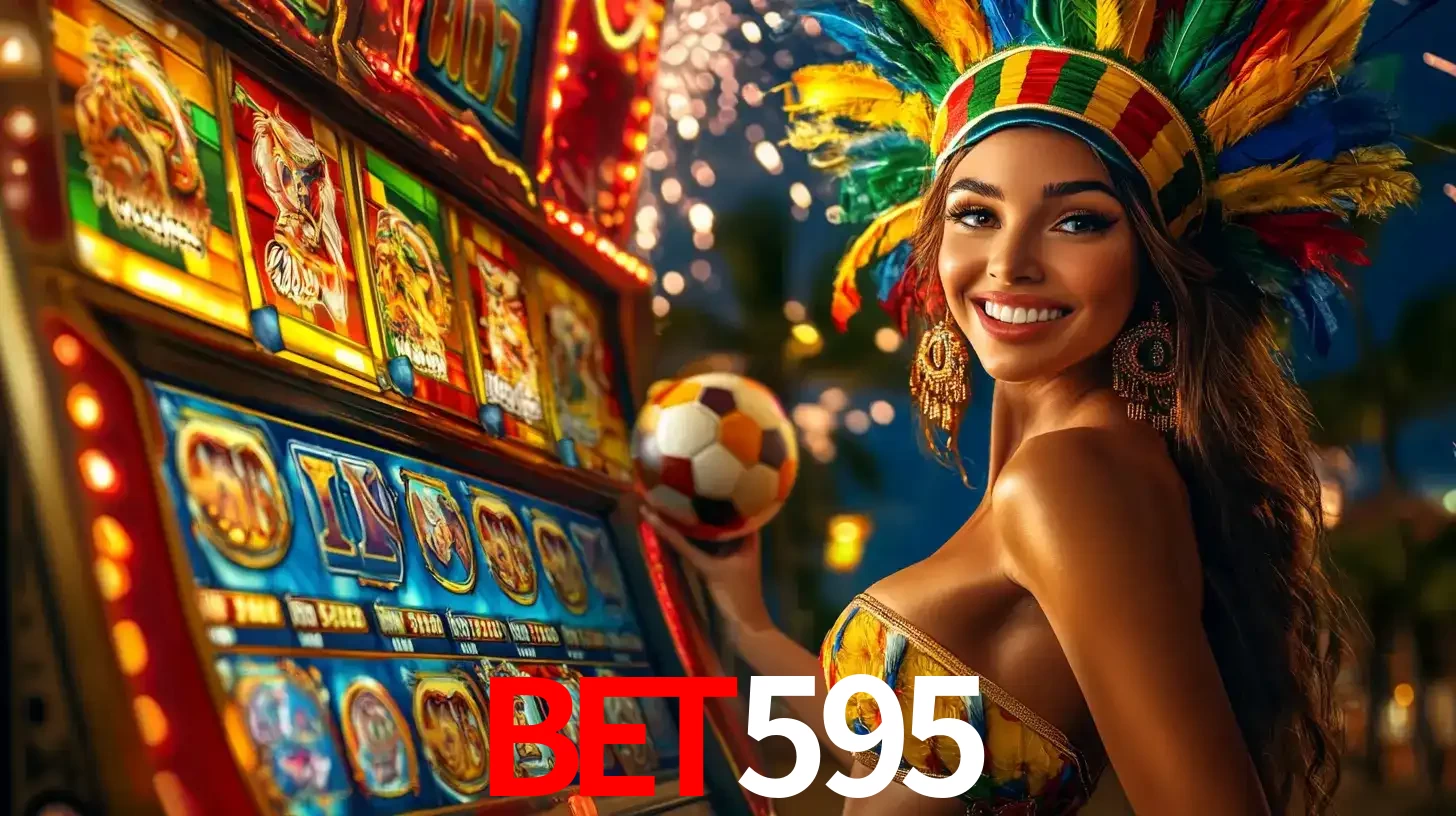 Mulher com um cocar de carnaval ao lado de uma máquina de caça-níqueis enquanto segura uma bola de futebol, mostrando a união da diversão de cassino e esportes no bet595.