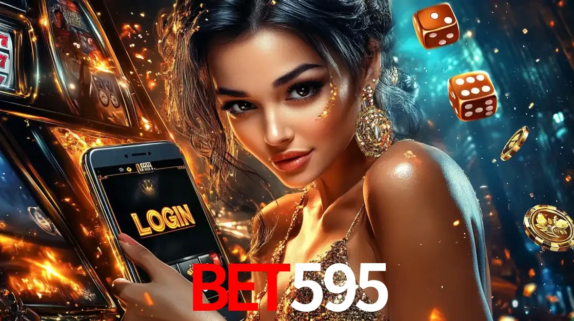 Mulher glamourosa segurando um celular com a tela de login do cassino bet595, rodeada por dados e moedas douradas, pronta para começar a diversão.