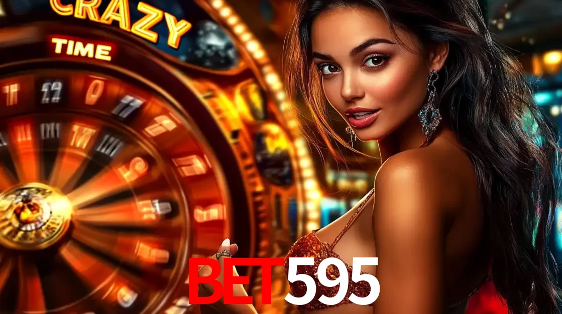 Mulher ao lado da roda de prêmios do jogo de cassino ao vivo Crazy Time, um dos shows de jogos mais emocionantes oferecidos pela plataforma de apostas bet595.