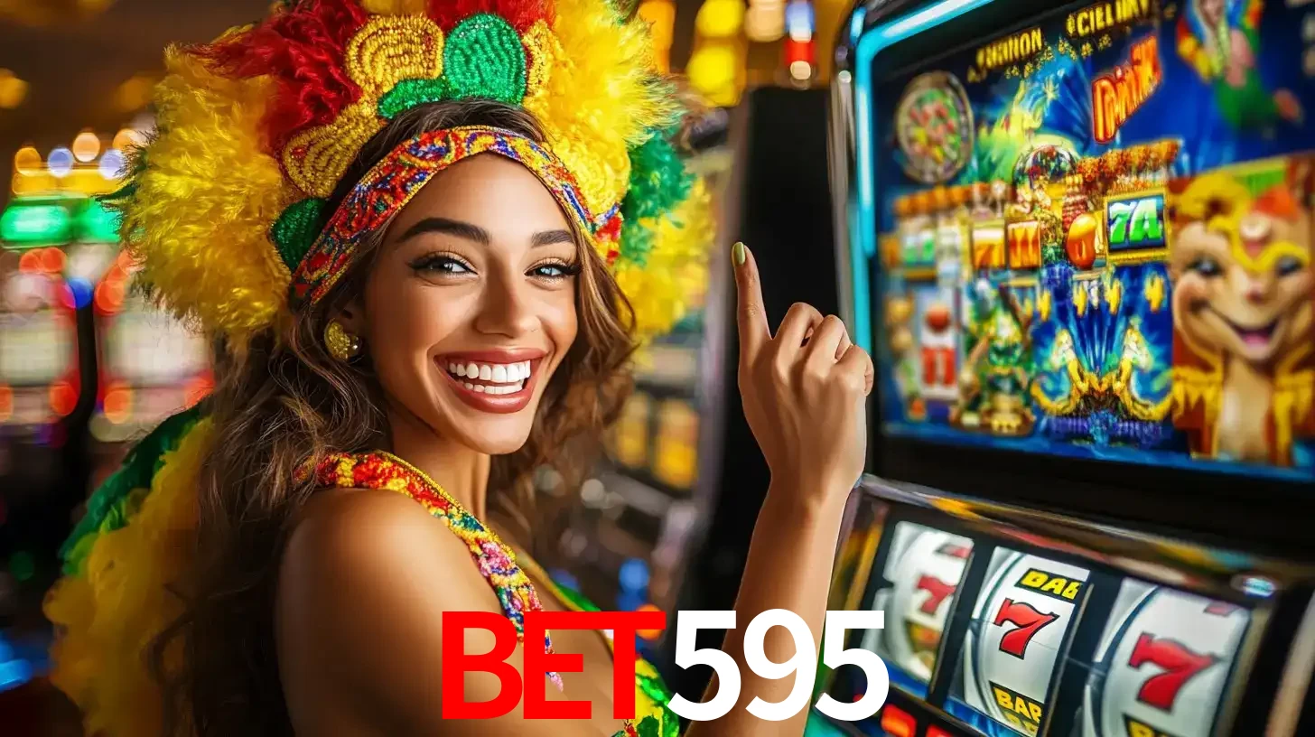 Mulher animada com um cocar de carnaval apontando para uma máquina de caça-níqueis, mostrando a emoção de ganhar um grande prêmio nos jogos do bet595.