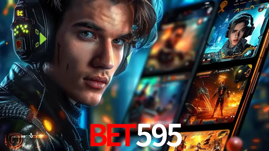 Jovem jogador com fones de ouvido olhando para a câmera, com um aplicativo de jogos e e-sports para celular ao fundo, pronto para a competição e apostas no bet595.