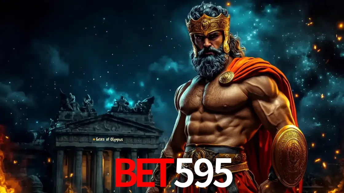 O poderoso Zeus do jogo de slot Gates of Olympus em frente ao seu templo, pronto para lançar multiplicadores divinos e prêmios épicos no cassino online bet595.