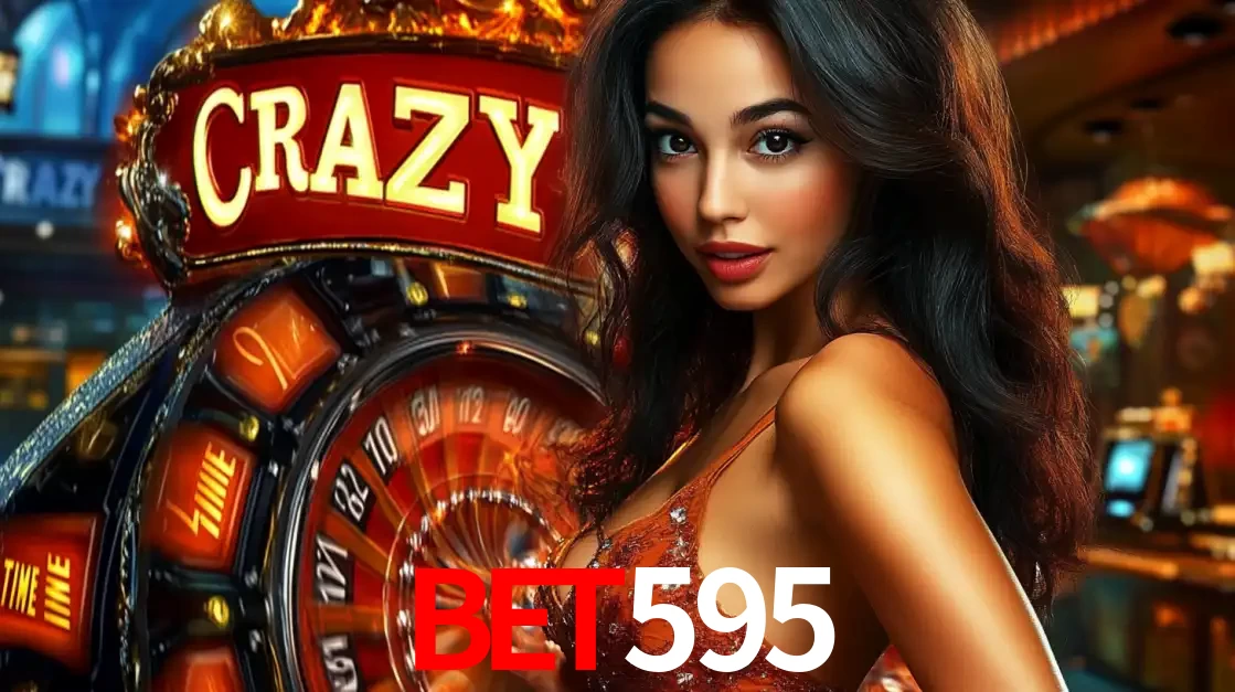 Mulher glamourosa olhando para a câmera com a roda vermelha do Crazy Time ao fundo em um ambiente de cassino, destacando a emoção dos jogos ao vivo no bet595.