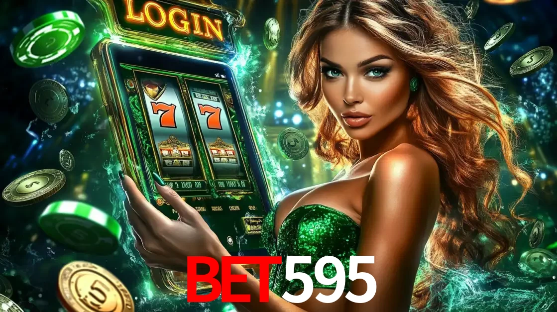 Mulher com tema verde apresentando o aplicativo do cassino bet595 com um jogo de slot de 777, cercada por fichas de cassino e uma aura de sorte.