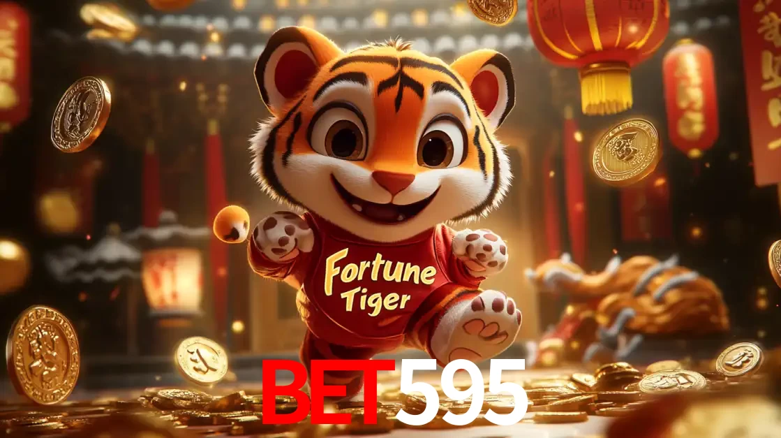 O alegre personagem do Fortune Tiger correndo sobre um caminho de moedas de ouro, simbolizando os grandes prêmios e a diversão do popular jogo de slot do bet595.