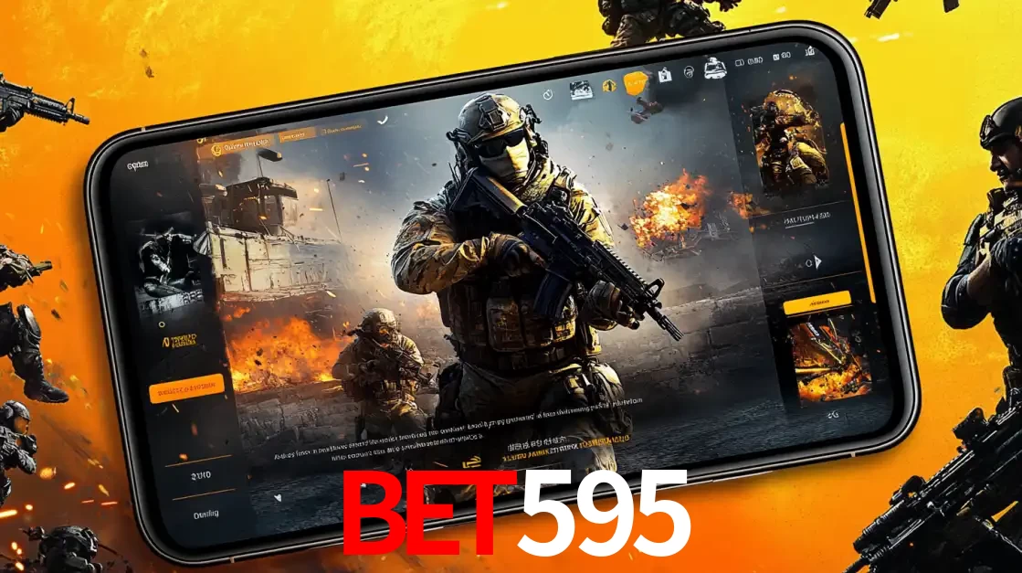 Um smartphone exibindo a interface de um jogo de tiro em primeira pessoa, com um soldado em um cenário de batalha, representando a ação dos e-sports para apostar no bet595.