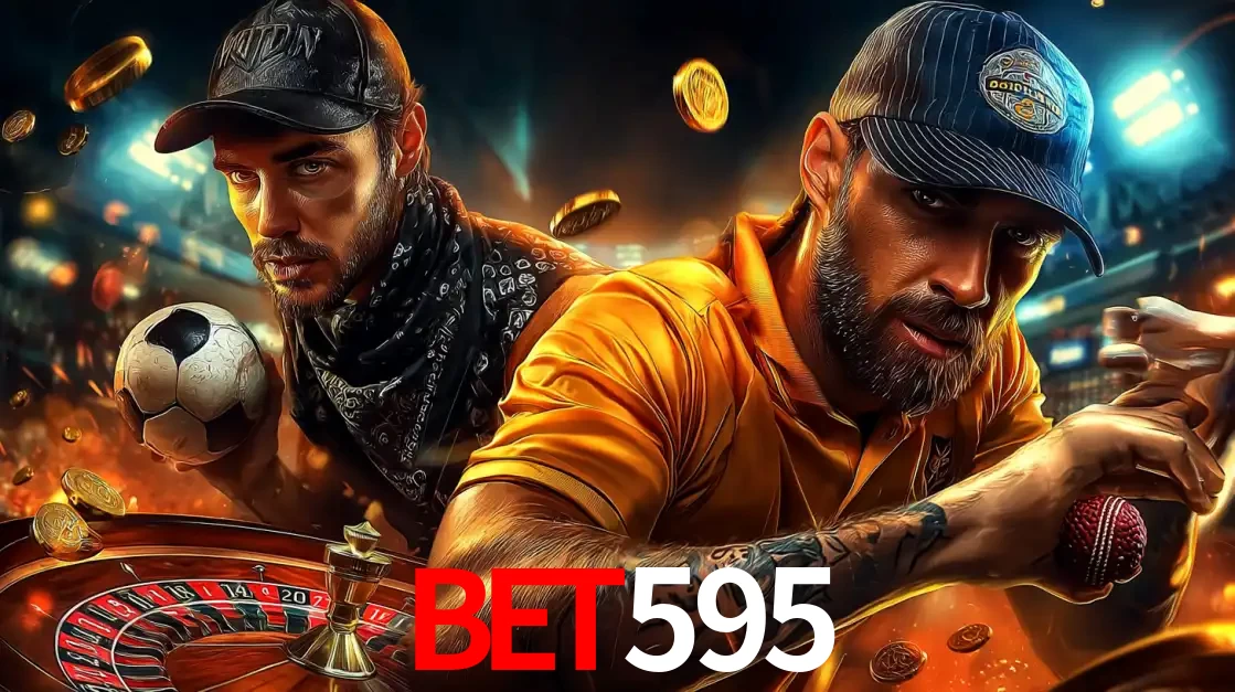 Montagem de apostas esportivas e cassino no bet595, com um homem segurando uma bola de futebol e outro uma de beisebol sobre uma roleta e moedas voadoras.