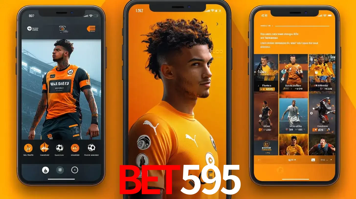 Interface do aplicativo de apostas esportivas bet595 em três telas de celular, mostrando o perfil de um jogador de futebol e a lista de jogos disponíveis para apostar.