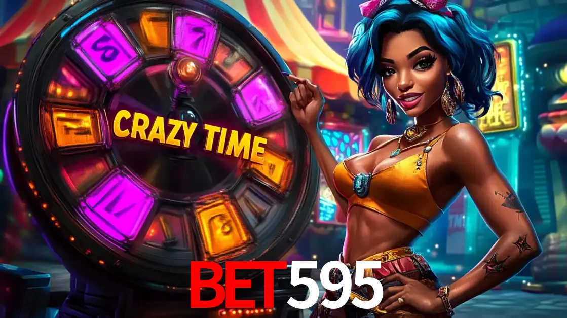 Mulher estilizada com cabelo azul e visual vibrante posando ao lado da roda de prêmios do game show Crazy Time, convidando para a diversão e os bônus do cassino bet595.
