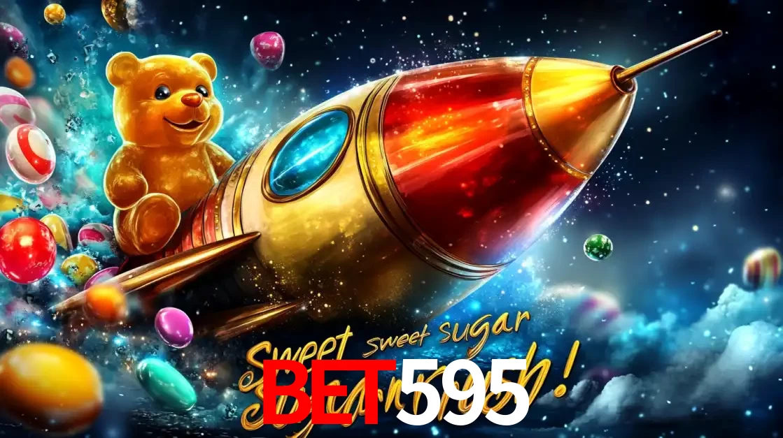 Arte promocional do jogo de slot Sugar Rush, com um urso de pelúcia em um foguete viajando pelo espaço de doces, um dos jogos divertidos disponíveis no cassino bet595.
