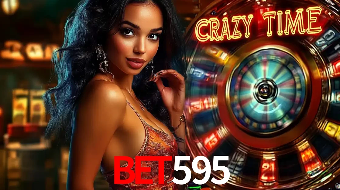 Mulher elegante ao lado da vibrante roda da fortuna do jogo de cassino ao vivo Crazy Time, um dos game shows mais populares e cheios de prêmios do bet595.