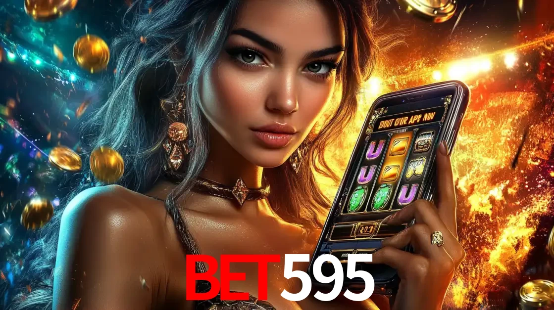 Mulher elegante mostrando um jogo de caça-níqueis em seu smartphone, destacando a experiência de cassino móvel oferecida pelo aplicativo bet595.