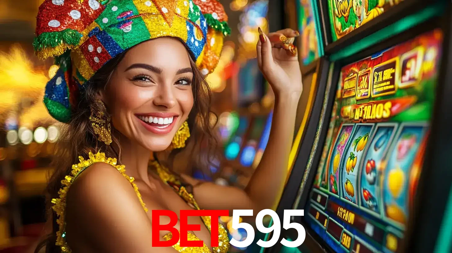 Mulher feliz com traje de carnaval amarelo e colorido ao lado de uma máquina de caça-níqueis, aproveitando a diversão e os jogos temáticos do cassino bet595.