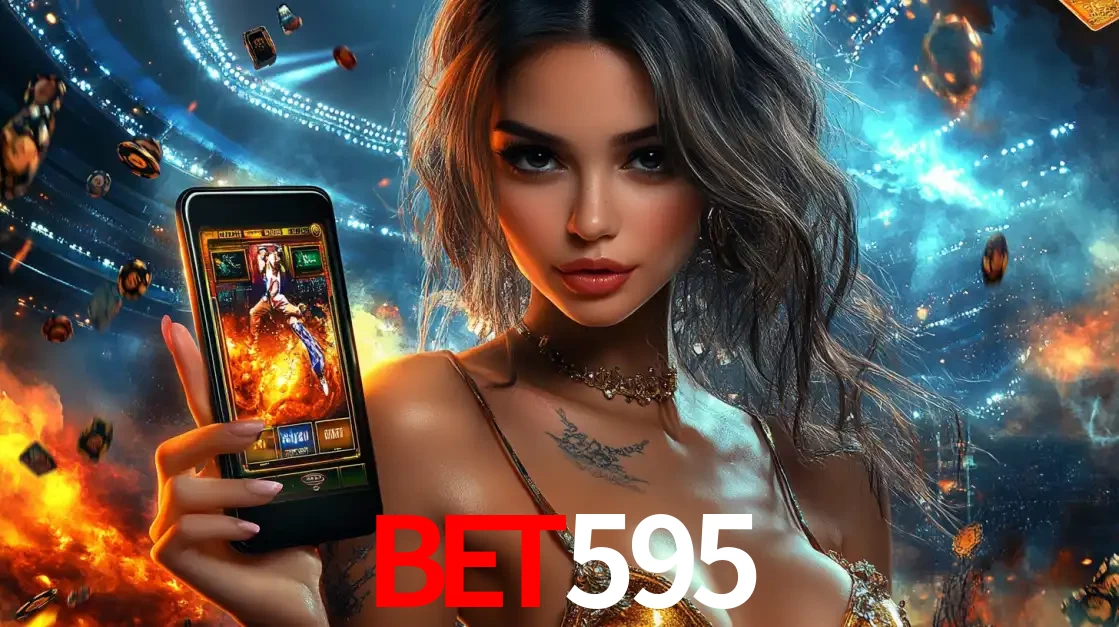 Mulher segurando um celular com um jogo de slot em destaque, tendo como fundo um estádio vibrante, simbolizando a emoção de jogar no cassino móvel bet595.