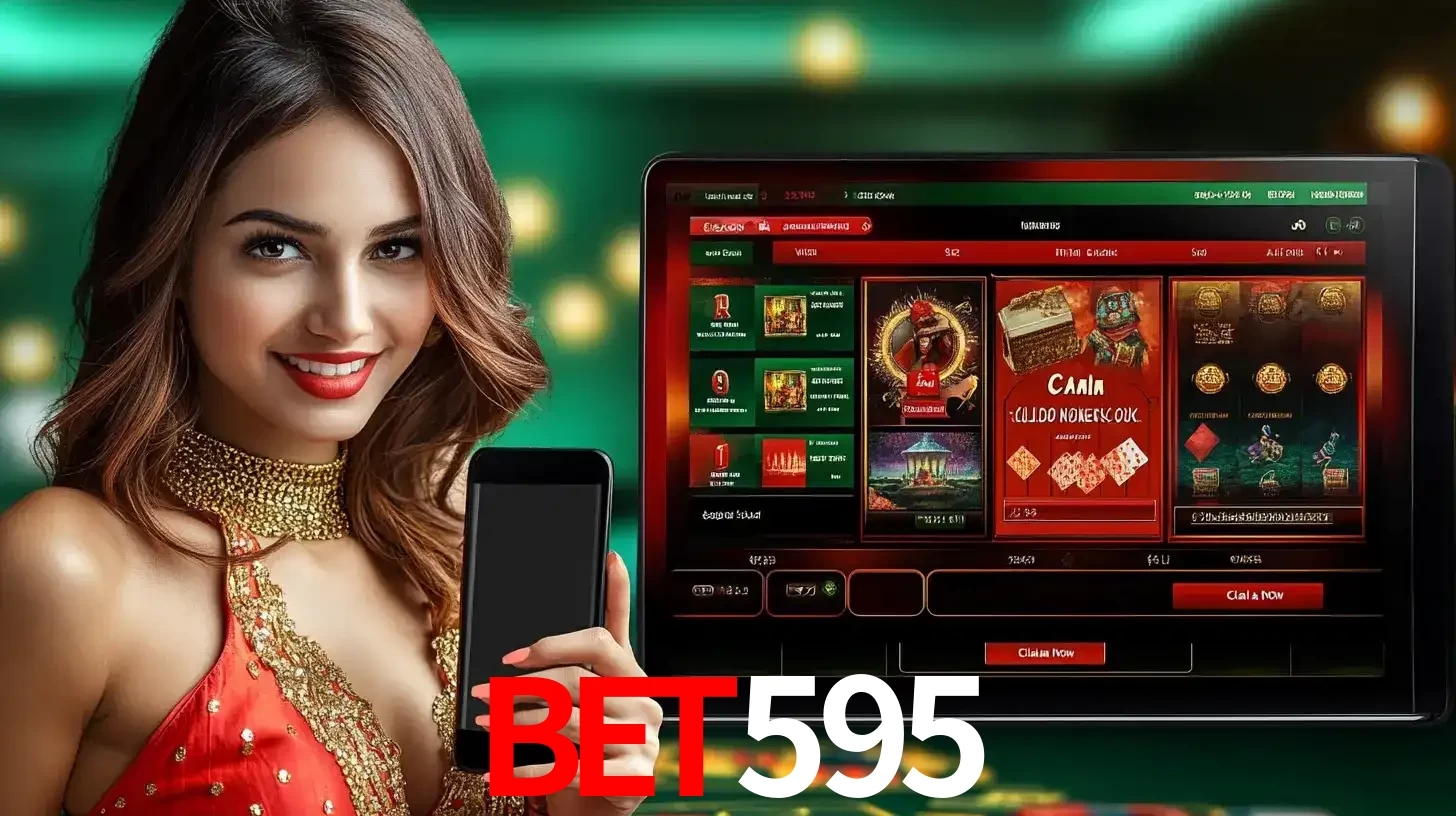 Mulher sorridente segurando um smartphone, ao lado de uma tela exibindo o lobby de jogos do cassino online bet595, com várias opções de jogos de cartas e slots.